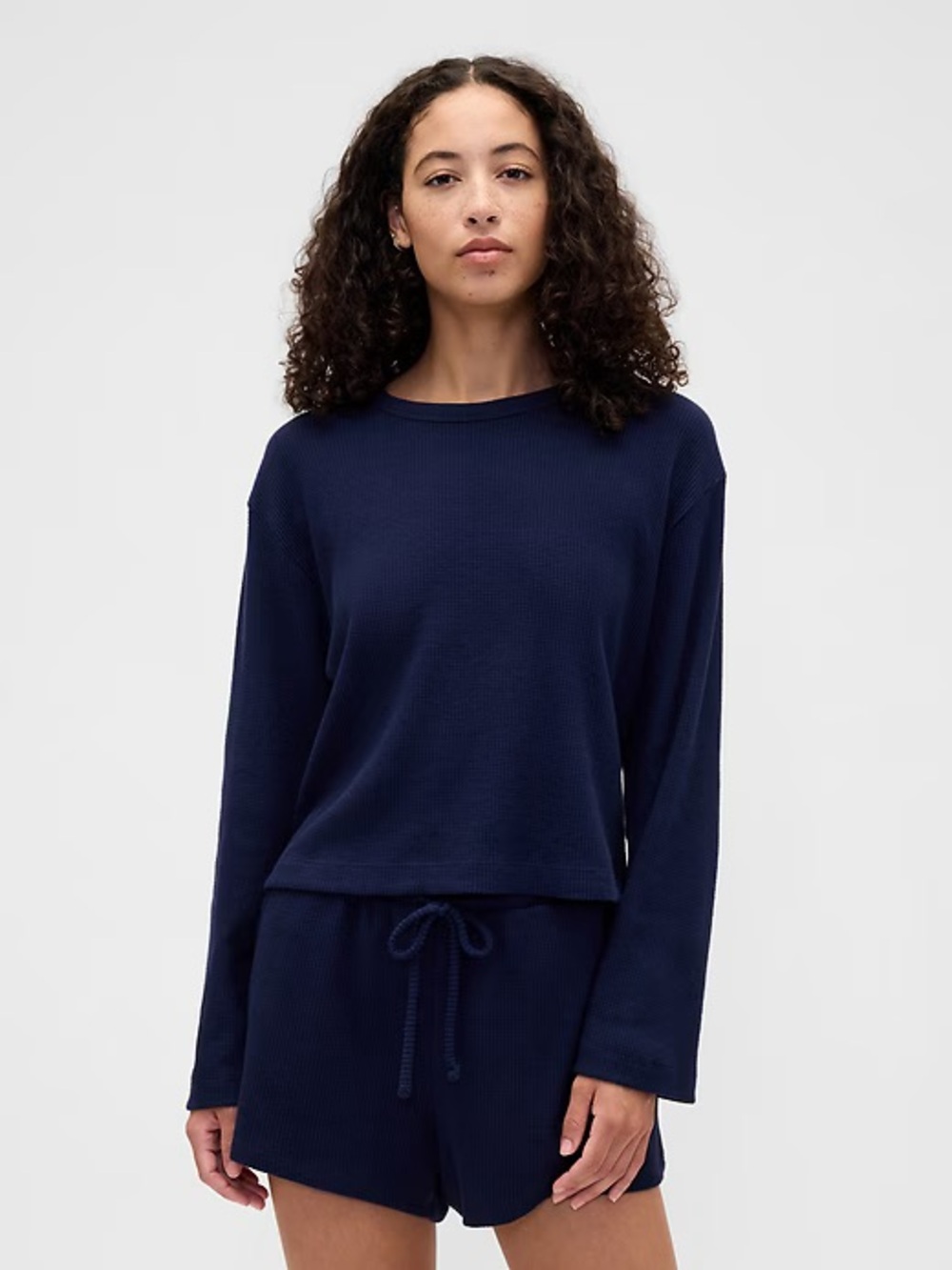Women's Navy Long-Sleeve Waffle Knit Top and Pajama pants